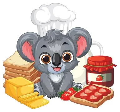 Cartoon Koala Chef with Bread Jam and Butter Breakfast Illustration Stock Illustration