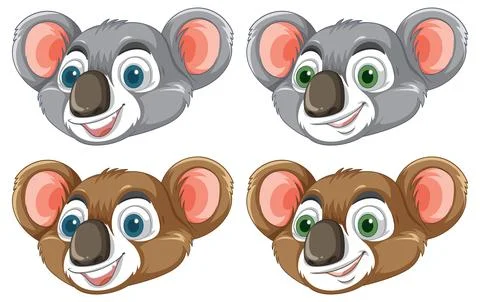Cartoon Koala Faces with Different Fur and Eye Colors Stock Illustration