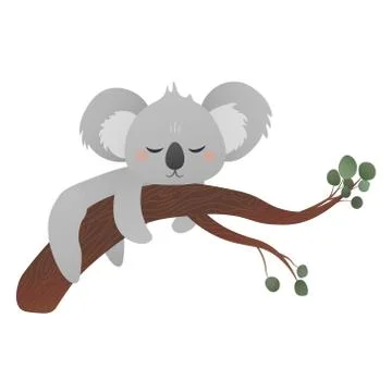 Cartoon koala sleeping on tree with eucalyptus leaves, greeting card, sticker Stock Illustration