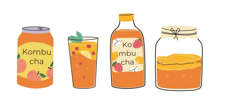 Cartoon kombucha drinks set. Fermented tea with fruits and ginger Stock Illustration