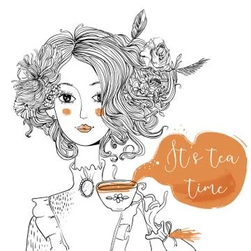 Cartoon lady with tea cup Stock Illustration