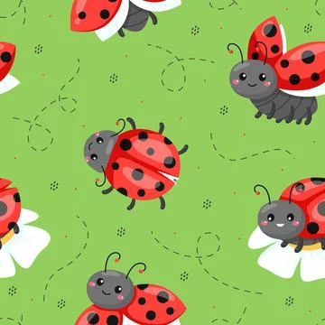 Cartoon ladybugs seamless pattern. Red colorful beetles with black polka dot Stock Illustration