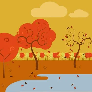 Cartoon Lake Side Simple Vector Art Autumn Scenery Illustration Graphic Desig Stock Illustration