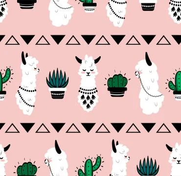Cartoon lama pattern. Seamless texture of cute alpaca head with ornamental 스톡 일러스트