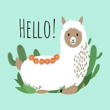 Cartoon lama vector design - hello card with cute alpaca and cactus 库存插图