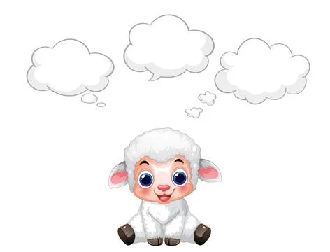 Cartoon Lamb Character Sitting with Three Empty Thought Bubbles Illustration