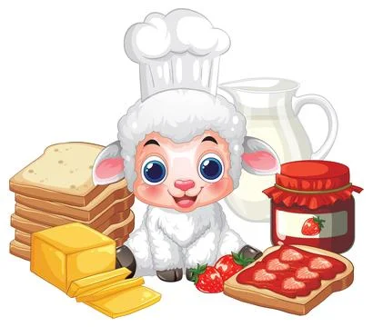 Cartoon Lamb Chef with Breakfast Bread Jam and Milk Illustration Stock Illustration
