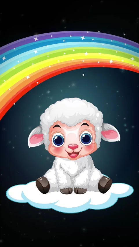 Cartoon Lamb Sitting on Cloud Under Rainbow in Night Sky Stock Footage 341558730