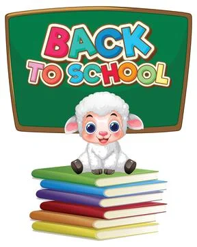 Cartoon Lamb Sitting on Stack of Books with Chalkboard Background Stock Illustration