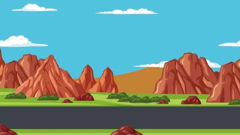 Cartoon landscape background with high red mountains and green grass field .. Stock Footage 333035576
