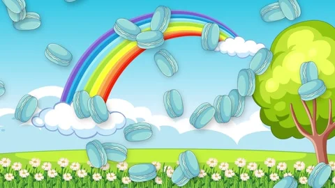 Cartoon Landscape with Falling Blue Macarons and Vibrant Rainbow Background Stock Footage 339382485