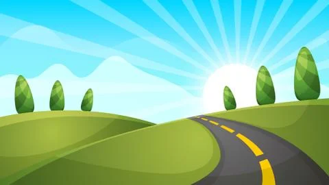 Cartoon landscape illustration. Sun. cloud, hill. Stock Illustration