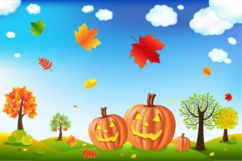 Cartoon landscape with pumpkins Stock Illustration