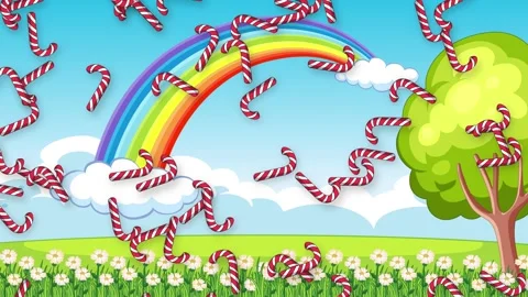 Cartoon Landscape with Rainbow and Falling Candy Canes Background Stock Footage 342319243
