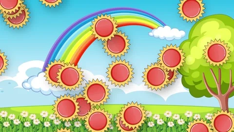 Cartoon Landscape with Rainbow and Falling Retro Red Sun Icons Stock Footage 344850654