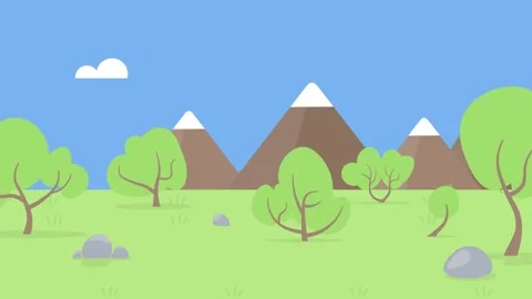 Cartoon landscape with trees mountains and clouds nature Stock Footage 340471605