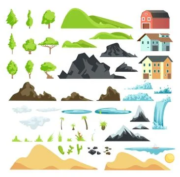 Cartoon landscape vector elements with mountains, hills, tropical trees and 스톡 일러스트
