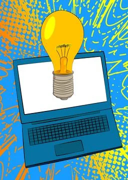 Cartoon Laptop, comic book Notebook with Light Bulb. Retro vector comics po.. Illustrazione stock