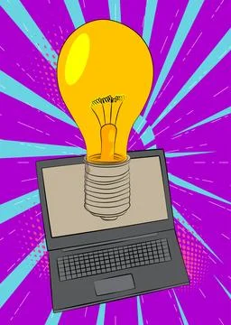 Cartoon Laptop, comic book Notebook with Light Bulb. Retro vector comics po.. Illustrazione stock