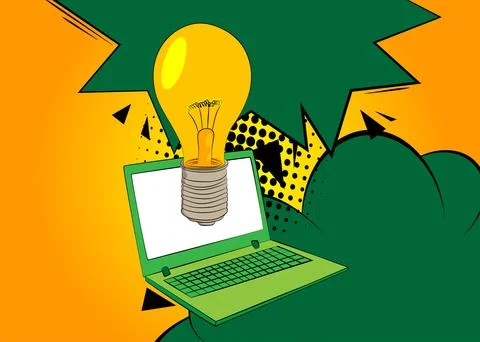 Cartoon Laptop, comic book Notebook with Light Bulb. Retro vector comics po.. Stock-Illustration