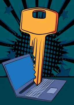 Cartoon Laptop, comic book Notebook with Key. Retro vector comics pop art d.. Stock Illustration