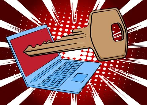 Cartoon Laptop, comic book Notebook with Key. Retro vector comics pop art d.. Ilustración de archivo