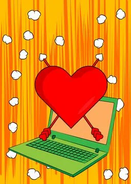 Cartoon Laptop, comic book Notebook with Heart, Valentine's Day Symbol. Ret.. Stock Illustration