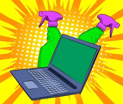 Cartoon Laptop, comic book Notebook with Window Washer, Cleaning Product. R.. Stock Illustration