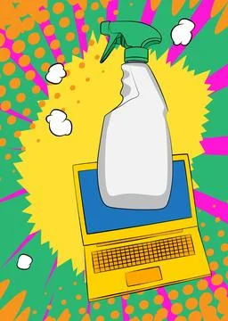 Cartoon Laptop, comic book Notebook with Window Washer, Cleaning Product. R.. Stock Illustration