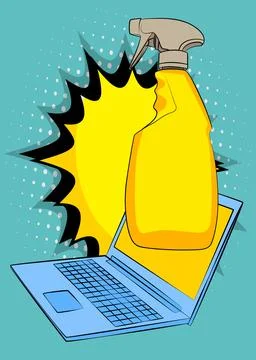 Cartoon Laptop, comic book Notebook with Window Washer, Cleaning Product. R.. Stock Illustration