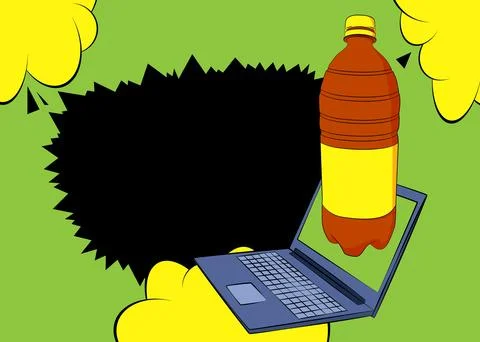 Cartoon Laptop, comic book Notebook with Water Bottle. Retro vector comics .. Stock Illustration