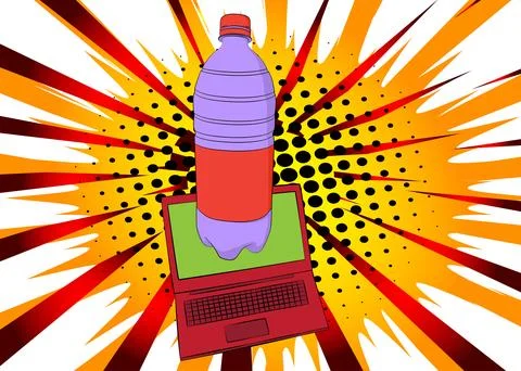 Cartoon Laptop, comic book Notebook with Water Bottle. Retro vector comics .. Illustrazione stock