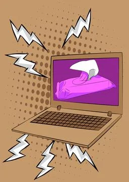 Cartoon Laptop, comic book Notebook with Wet Wipe. Retro vector comics pop .. Stock-Illustration