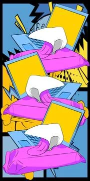 Cartoon Laptop, comic book Notebook with Wet Wipe. Retro vector comics pop .. Stock-Illustration