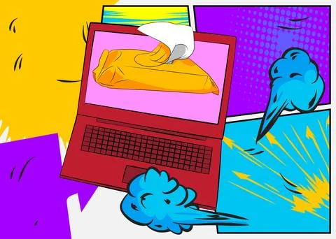 Cartoon Laptop, comic book Notebook with Wet Wipe. Retro vector comics pop .. Stock-Illustration