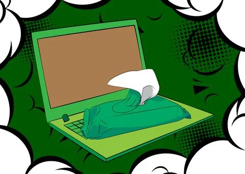 Cartoon Laptop, comic book Notebook with Wet Wipe. Retro vector comics pop .. Stock-Illustration