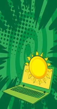 Cartoon Laptop, comic book Notebook with Summer Sun. Retro vector comics po.. Stock Illustration