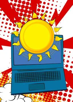 Cartoon Laptop, comic book Notebook with Summer Sun. Retro vector comics po.. Stock Illustration