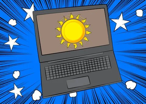 Cartoon Laptop, comic book Notebook with Summer Sun. Retro vector comics po.. Stock Illustration