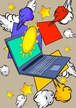 Cartoon Laptop, comic book Notebook with Summer Sun. Retro vector comics po.. Stock Illustration