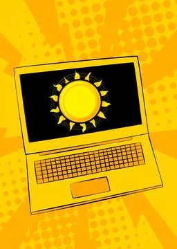 Cartoon Laptop, comic book Notebook with Summer Sun. Retro vector comics po.. Stock Illustration
