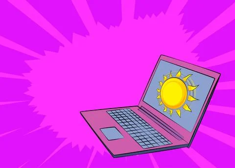 Cartoon Laptop, comic book Notebook with Summer Sun. Retro vector comics po.. Stock Illustration