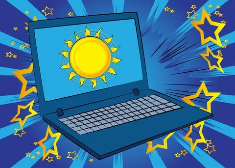 Cartoon Laptop, comic book Notebook with Summer Sun. Retro vector comics po.. Stock Illustration