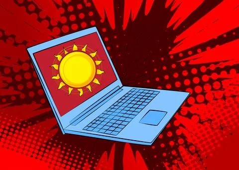 Cartoon Laptop, comic book Notebook with Summer Sun. Retro vector comics po.. Stock Illustration