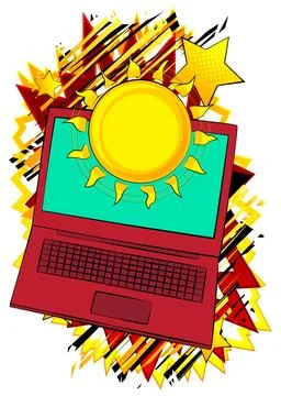 Cartoon Laptop, comic book Notebook with Summer Sun. Retro vector comics po.. Stock Illustration