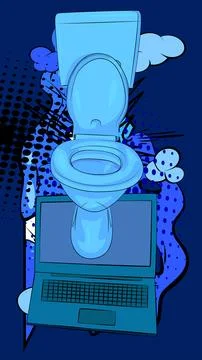 Cartoon Laptop, comic book Notebook with Flush Toilet. Retro vector comics .. Stock Illustration