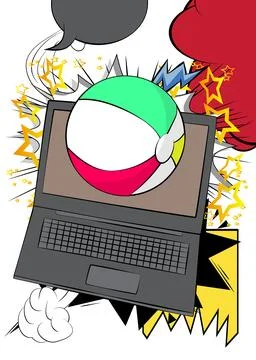 Cartoon Laptop, comic book Notebook with Beach Ball. Retro vector comics po.. Stock Illustration