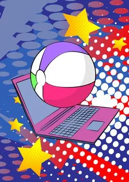 Cartoon Laptop, comic book Notebook with Beach Ball. Retro vector comics po.. Stock Illustration