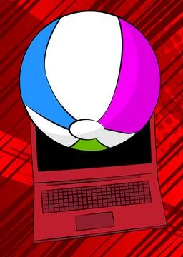 Cartoon Laptop, comic book Notebook with Beach Ball. Retro vector comics po.. Stock Illustration