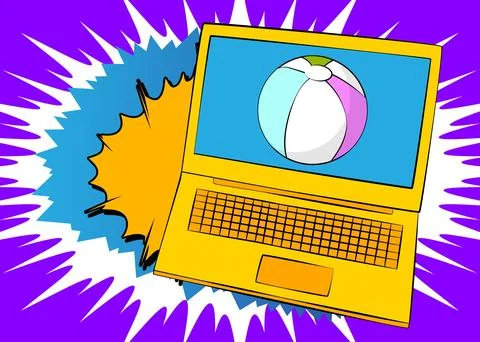 Cartoon Laptop, comic book Notebook with Beach Ball. Retro vector comics po.. Stock Illustration